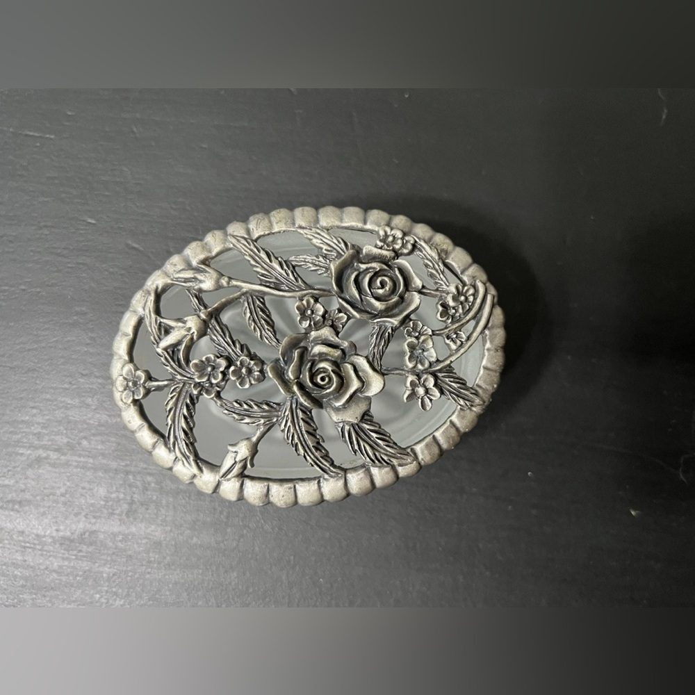 VTG Oval Trinket Vanity Dish Frosted Pewter Silver Roses Art Nouveau Style Boho